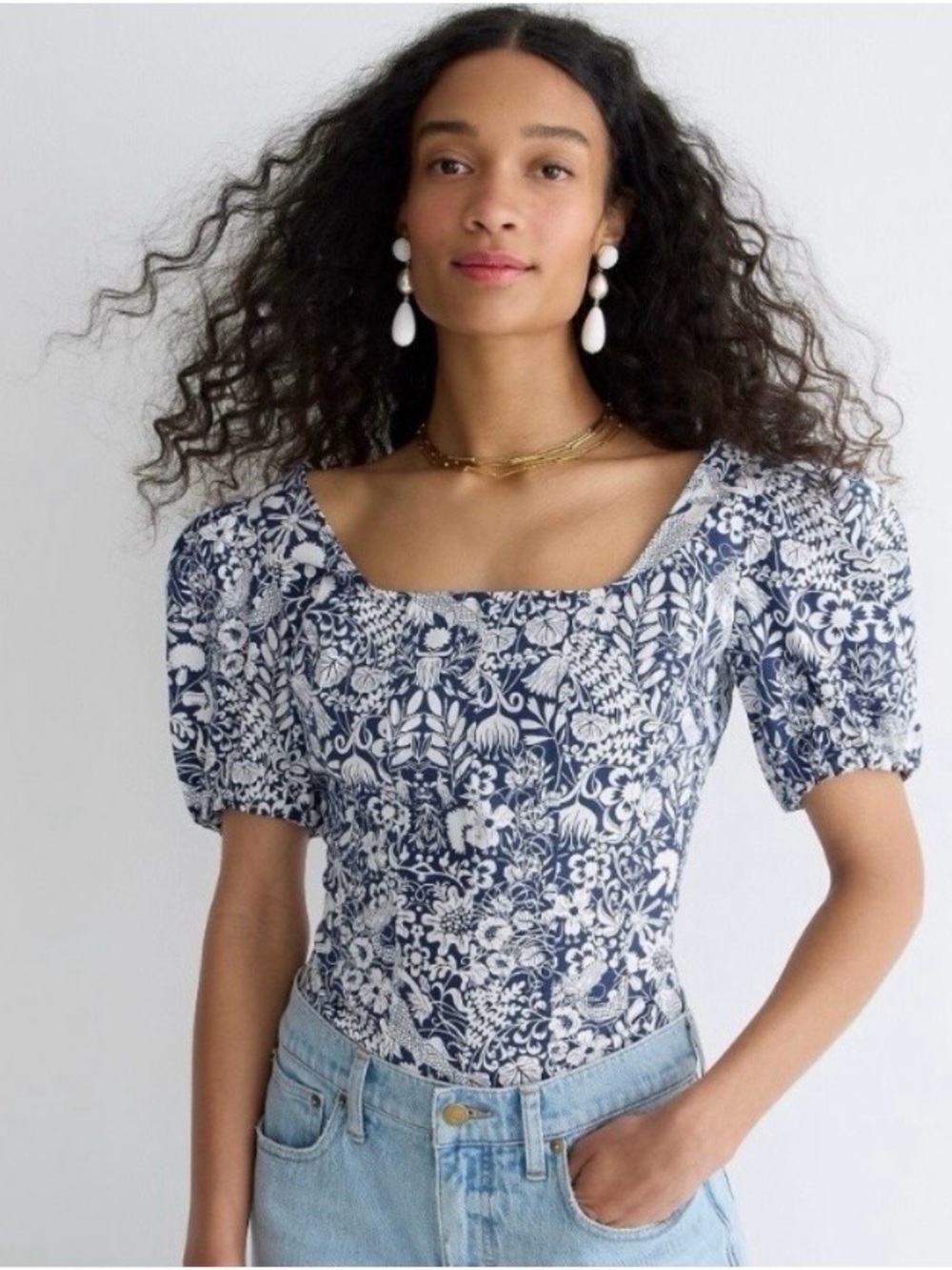 J. Crew Puff-sleeve cotton poplin squareneck top in mermaid floral Sz 4